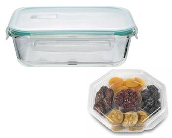 קופסת זכוכית לאחסון והגשה עם פירות יבשים
